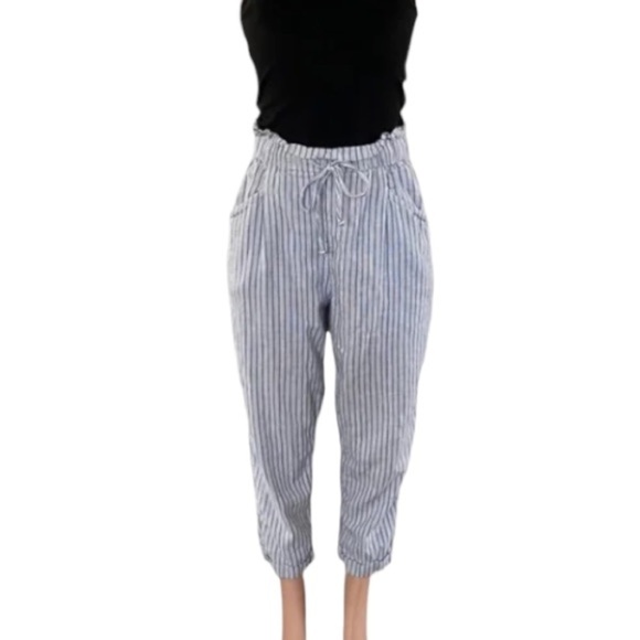 American Eagle Linen Beach Pants Size XS Blue and White Striped Paperbag Waist - Picture 10 of 11